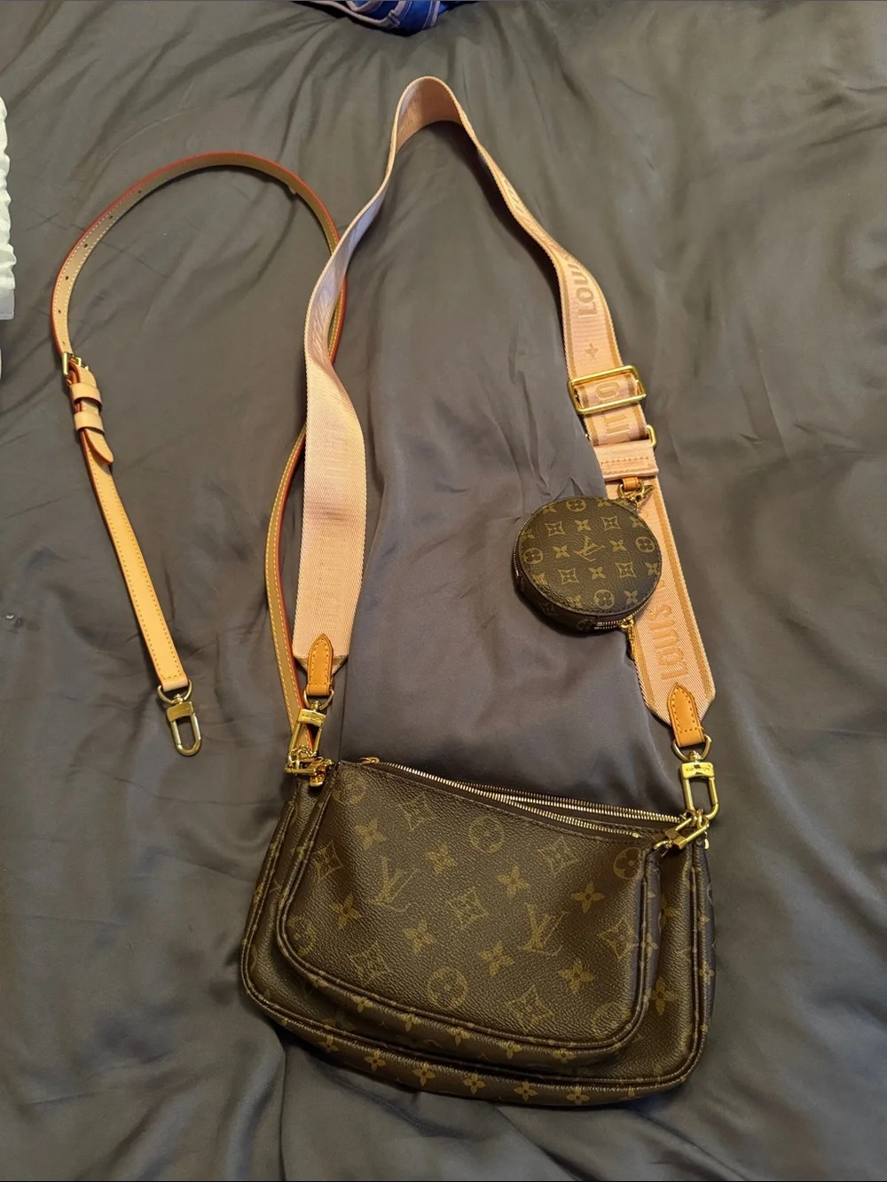 Louis Vuitton Brown Monogram Multi-Pochette Pink & Auth LV Leather Strap